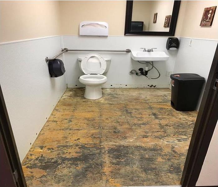 public bathroom with floor pulled during demo for drying 