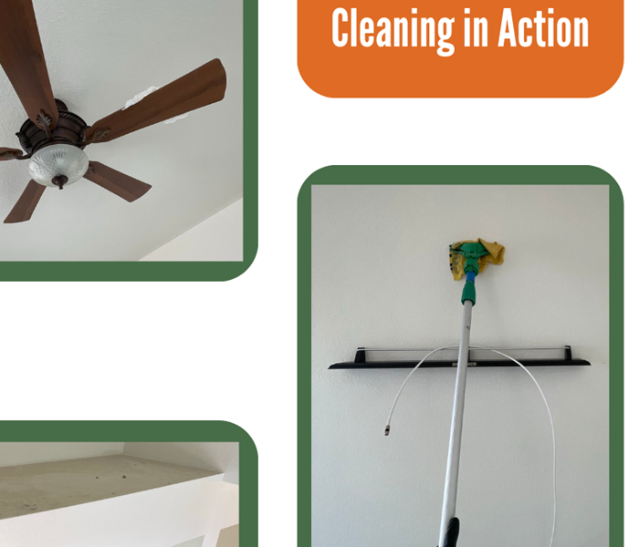 SERVPRO technician cleaning a fan, tv stand, and ceiling for commercial business